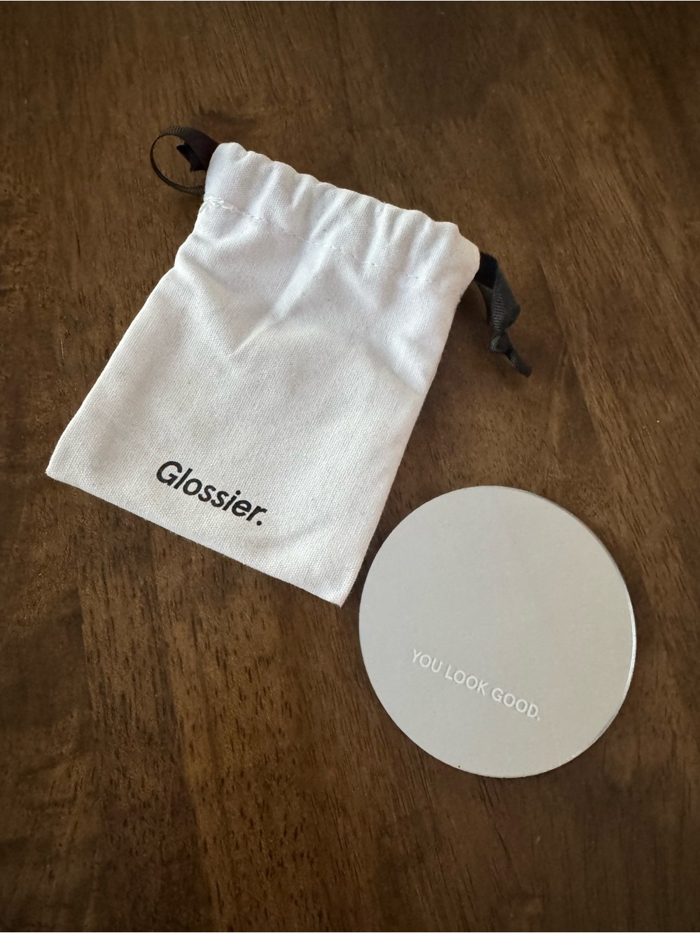 Glossier You Look Good Round Hand Compact Mirror + White Canvas Drawstring Bag